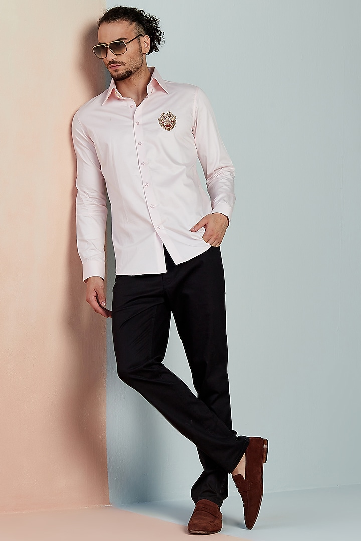Pink Cotton Hand Embroidered Party Wear Shirt by SEVENDC MEN at Pernia's Pop Up Shop
