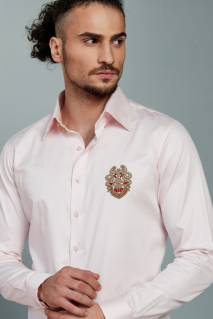 Pink Cotton Hand Embroidered Party Wear Shirt by SEVENDC MEN at Pernia's Pop Up Shop