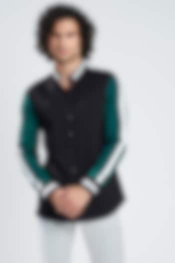 Black & Navy Blue Cotton Satin Color Blocked Party Wear Shirt by SEVENDC MEN at Pernia's Pop Up Shop