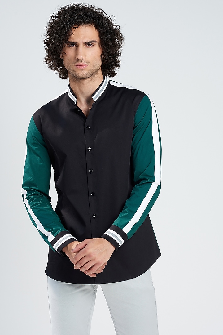 Black & Navy Blue Cotton Satin Color Blocked Party Wear Shirt by SEVENDC MEN at Pernia's Pop Up Shop