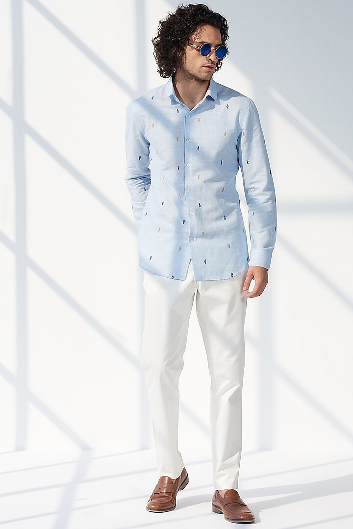 Sky Blue Cotton Linen Hand Embroidered Party Wear Shirt by SEVENDC MEN at Pernia's Pop Up Shop
