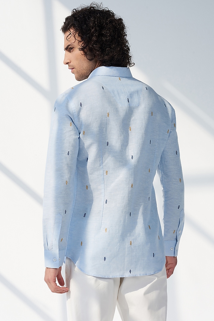 Sky Blue Cotton Linen Hand Embroidered Party Wear Shirt by SEVENDC MEN at Pernia's Pop Up Shop
