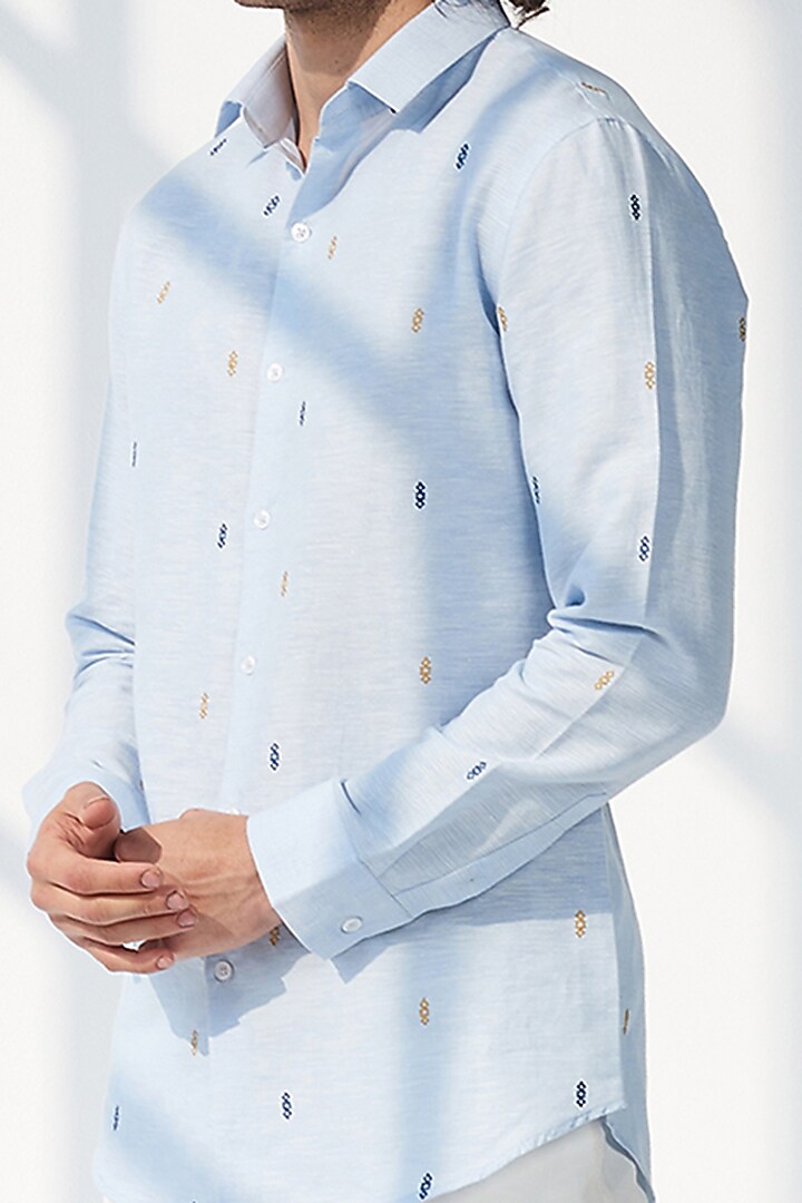 Sky Blue Cotton Linen Hand Embroidered Party Wear Shirt by SEVENDC MEN at Pernia's Pop Up Shop