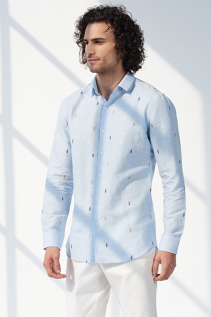 Sky Blue Cotton Linen Hand Embroidered Party Wear Shirt by SEVENDC MEN at Pernia's Pop Up Shop