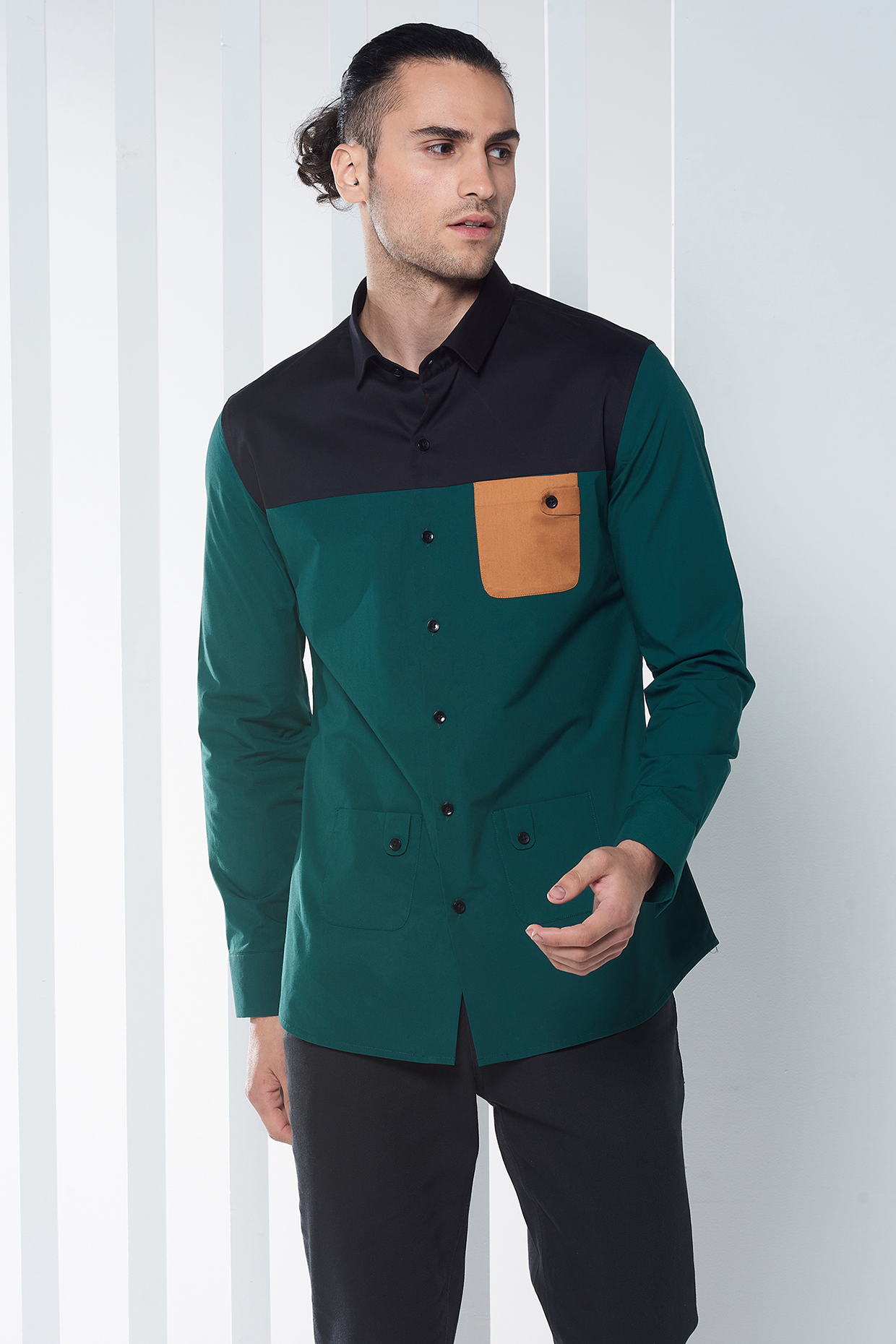 Bottle Green Hand Embroidered Shirt by SEVENDC MEN