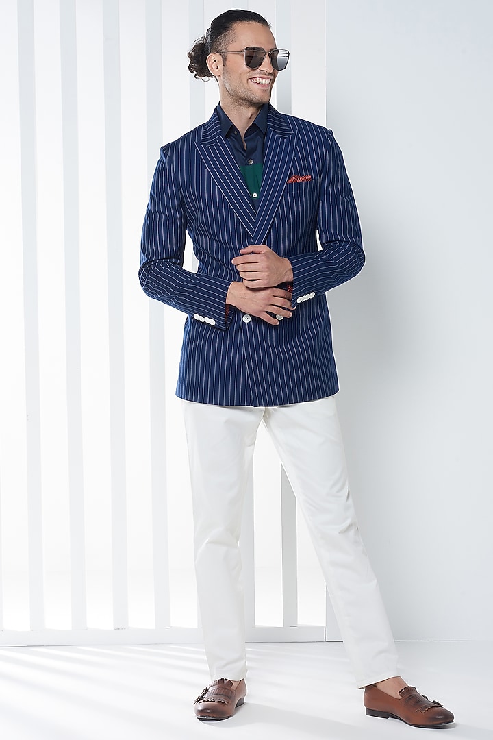 Navy Blue Wool Blend Blazer by SEVENDC MEN at Pernia's Pop Up Shop