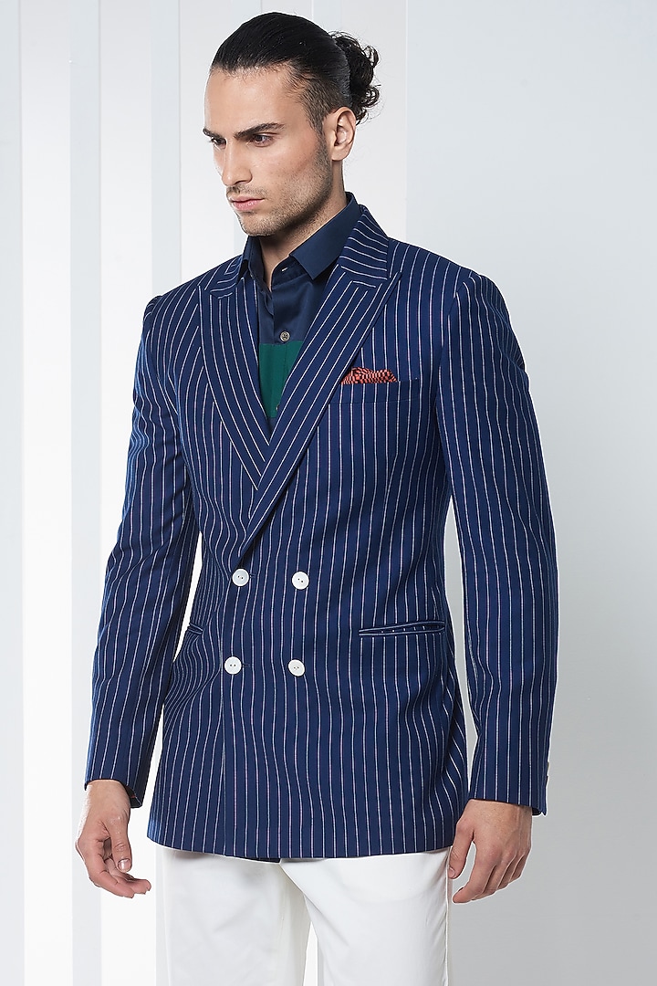 Navy Blue Wool Blend Blazer by SEVENDC MEN at Pernia's Pop Up Shop