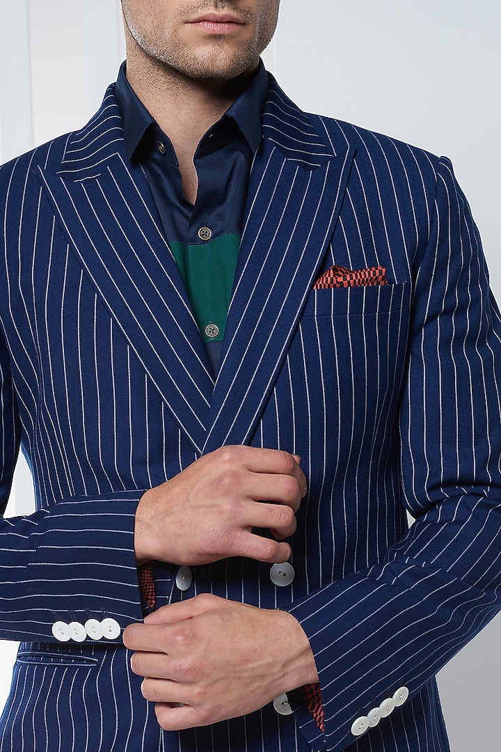 Navy Blue Wool Blend Blazer by SEVENDC MEN at Pernia's Pop Up Shop