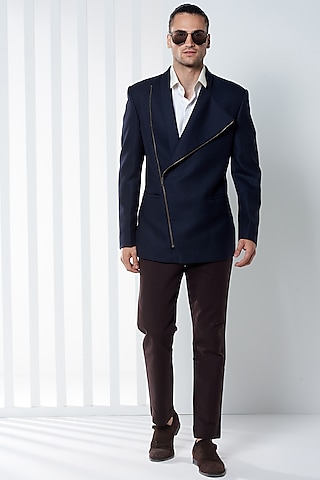 Dark Navy Blue Wool Blend Jacket by SEVENDC MEN