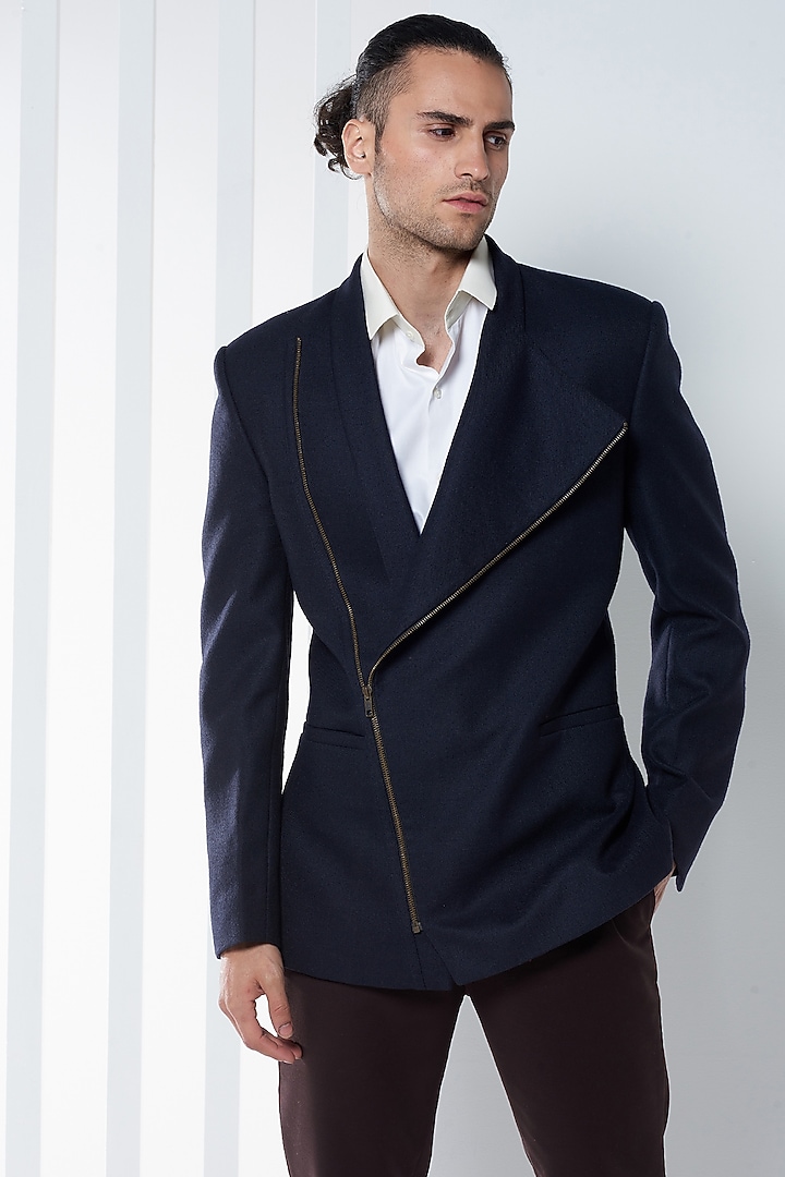 Dark Navy Blue Wool Blend Jacket by SEVENDC MEN at Pernia's Pop Up Shop