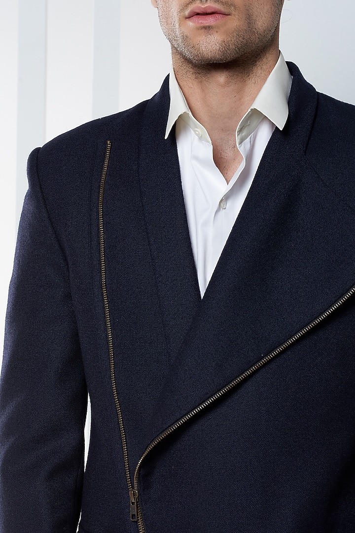Dark Navy Blue Wool Blend Jacket by SEVENDC MEN at Pernia's Pop Up Shop