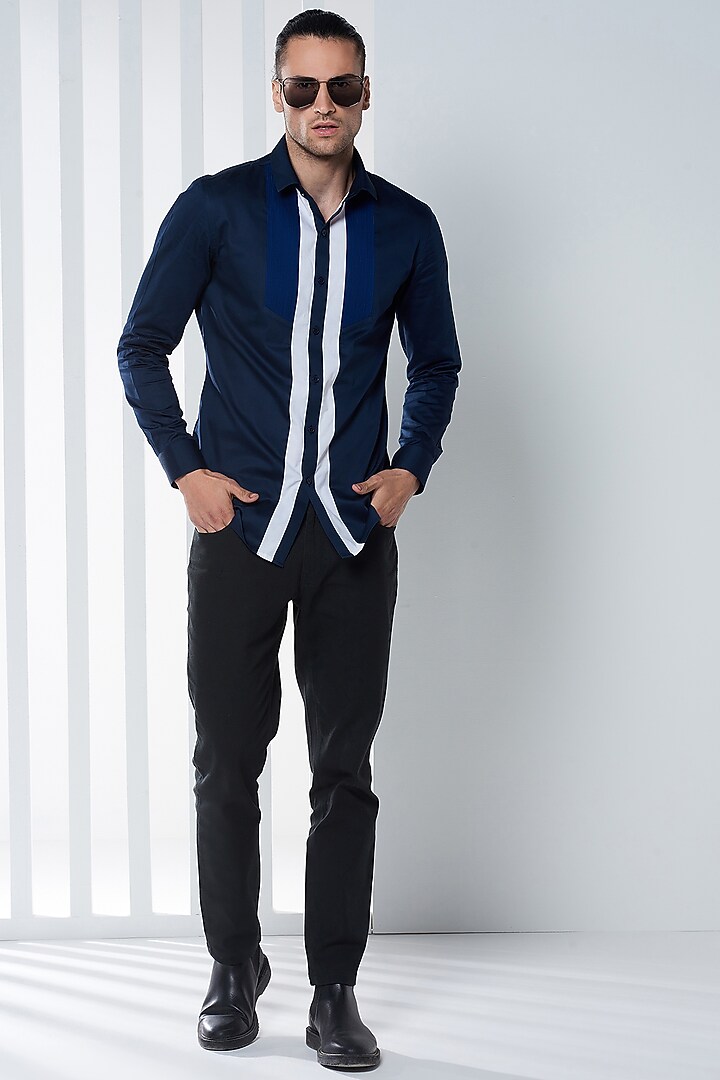 Navy Blue Cotton Color Blocked Party Wear Shirt by SEVENDC MEN at Pernia's Pop Up Shop