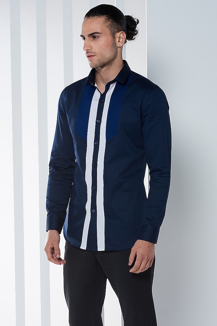 Navy Blue Cotton Color Blocked Party  start Shirt by SEVENDC MEN at Pernia's Pop Up Shop