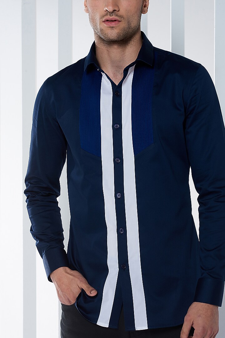Navy Blue Cotton Color Blocked Party Wear Shirt by SEVENDC MEN at Pernia's Pop Up Shop