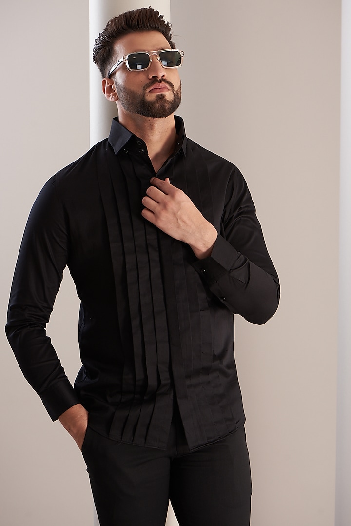 Black Cotton Pleated Shirt by SEVENDC MEN