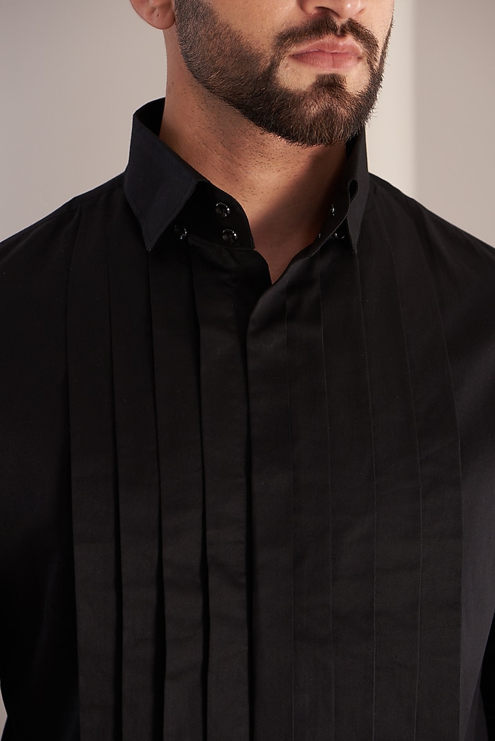Black Cotton Pleated Party Wear Shirt by SEVENDC MEN at Pernia's Pop Up Shop
