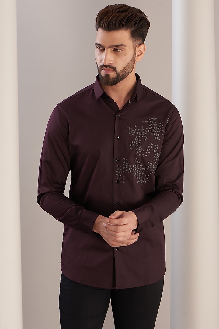Plum Cotton Prism Party Wear Shirt by SEVENDC MEN at Pernia's Pop Up Shop