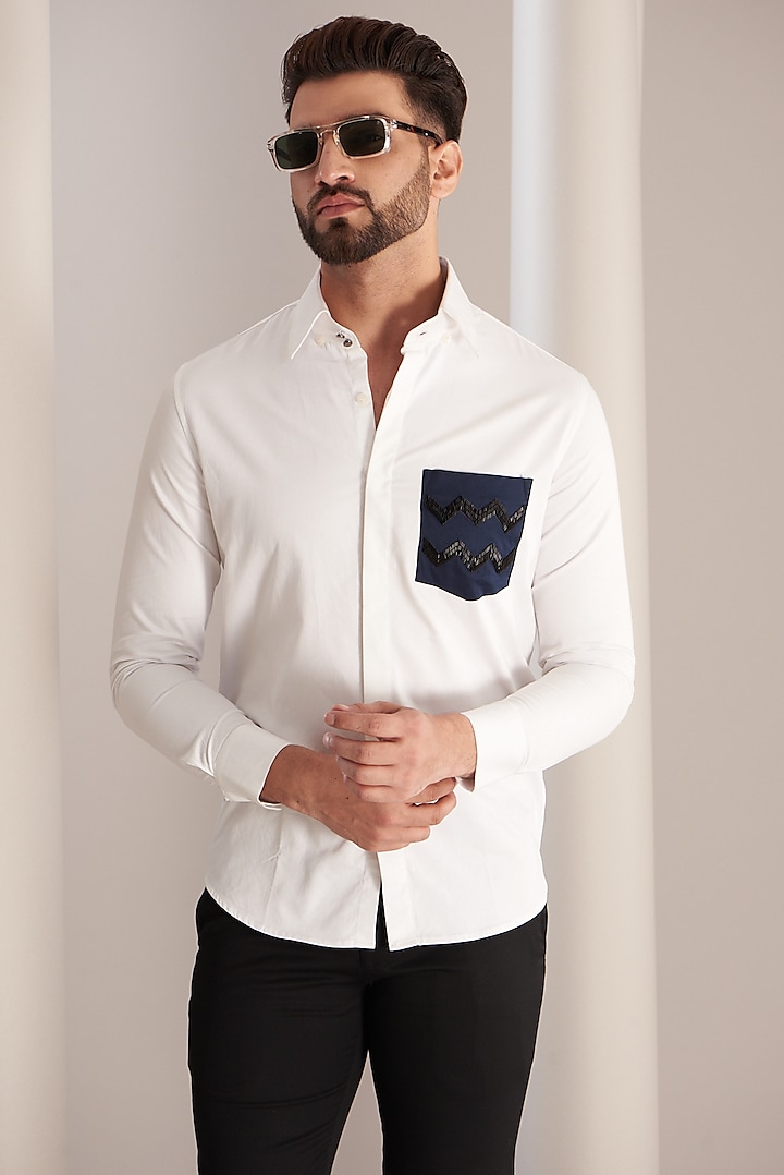 White Cotton Embroidered Shirt by SEVENDC MEN at Pernia's Pop Up Shop