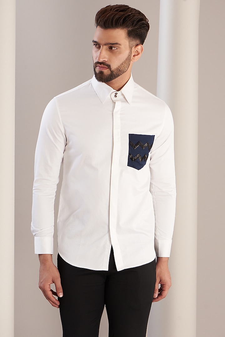 White Cotton Embroidered Party Wear Shirt by SEVENDC MEN at Pernia's Pop Up Shop