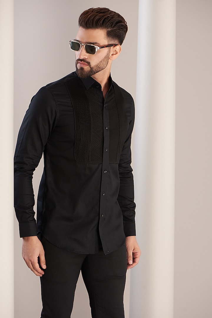 Black Cotton Tuxedo Party Wear Shirt by SEVENDC MEN at Pernia's Pop Up Shop