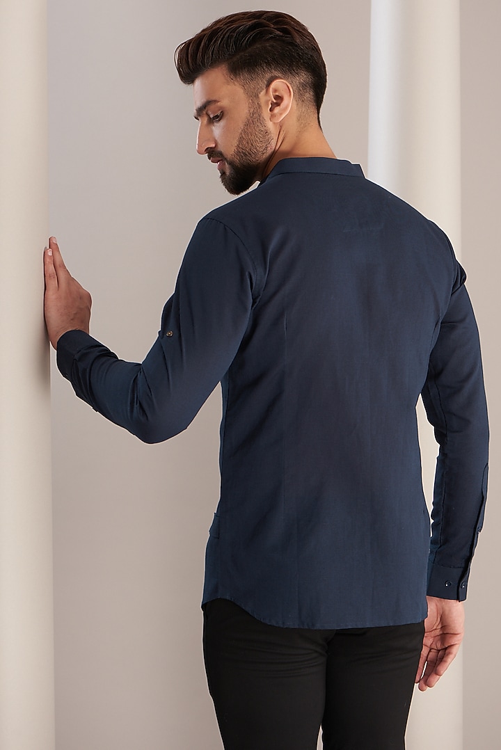 Navy Blue Cotton Party Wear Shirt by SEVENDC MEN at Pernia's Pop Up Shop