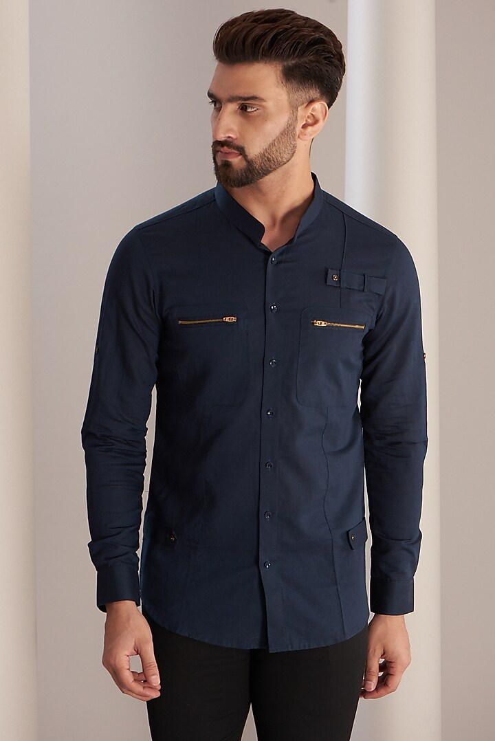 Navy Blue Cotton Party Wear Shirt by SEVENDC MEN at Pernia's Pop Up Shop