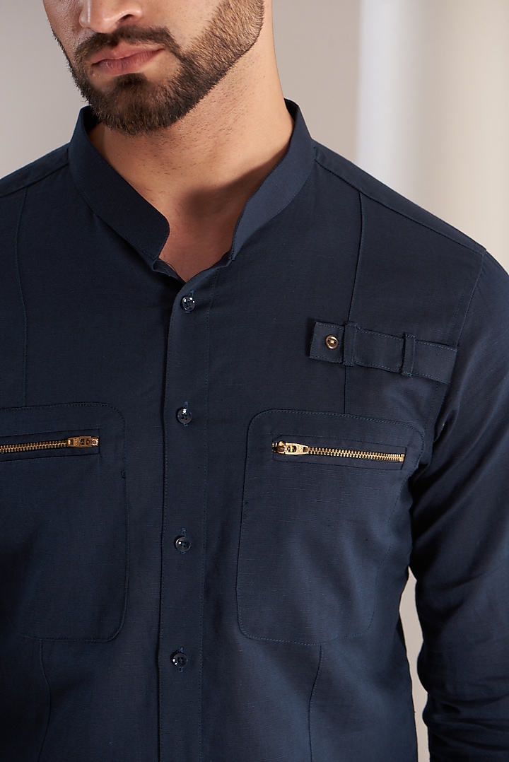 Navy Blue Cotton Party Wear Shirt by SEVENDC MEN at Pernia's Pop Up Shop