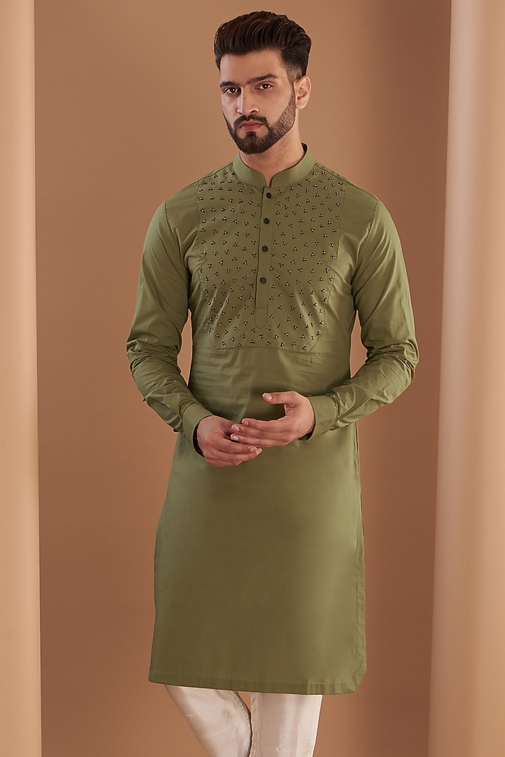 Olive Green Cotton Embroidered Kurta Set by SEVENDC MEN at Pernia's Pop Up Shop