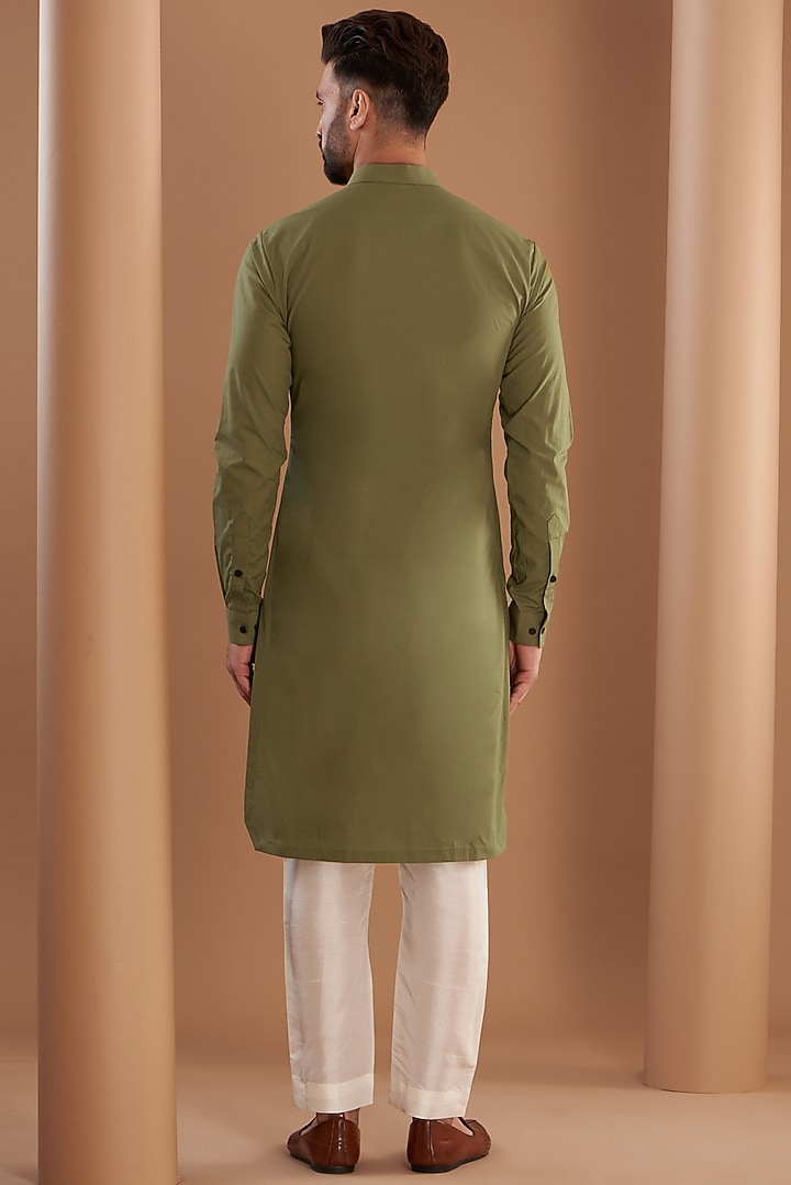 Olive Green Cotton Embroidered Kurta Set by SEVENDC MEN at Pernia's Pop Up Shop