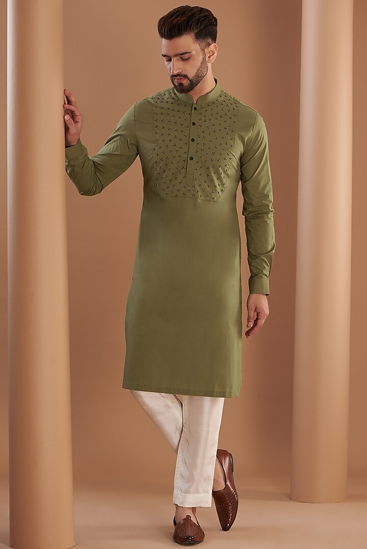 Olive Green Cotton Embroidered Kurta Set by SEVENDC MEN at Pernia's Pop Up Shop