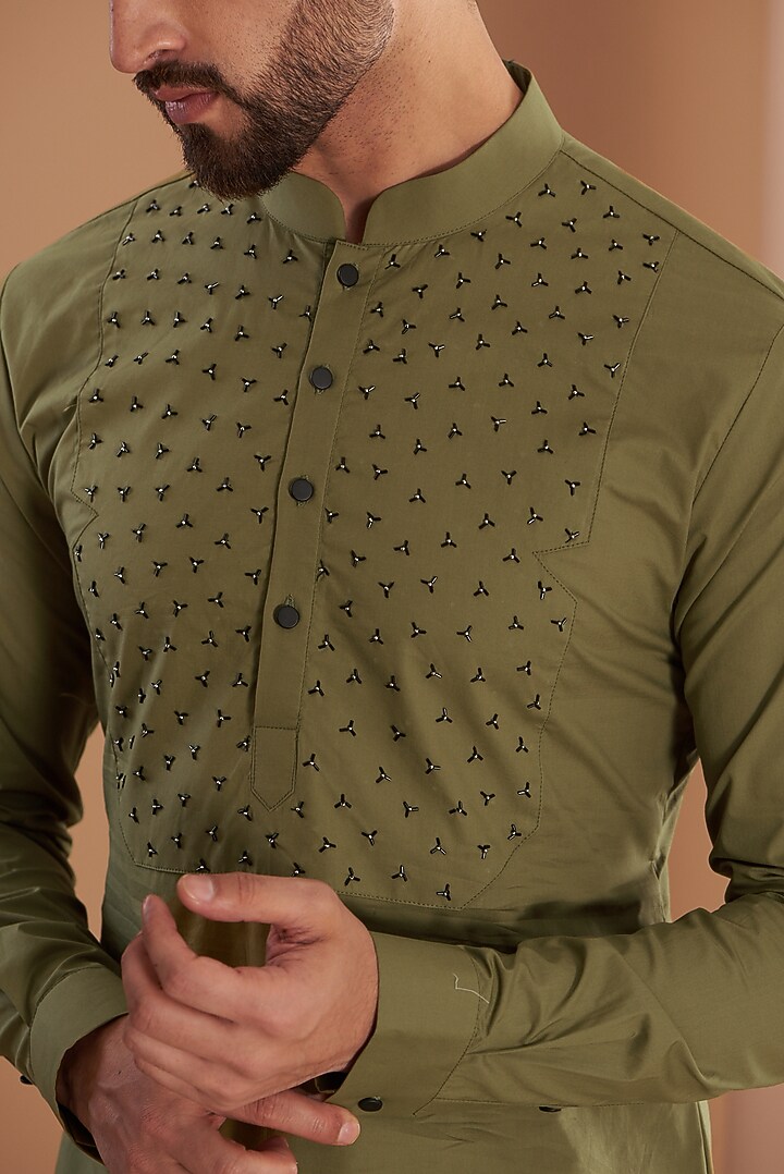 Olive Green Cotton Embroidered Kurta Set by SEVENDC MEN at Pernia's Pop Up Shop