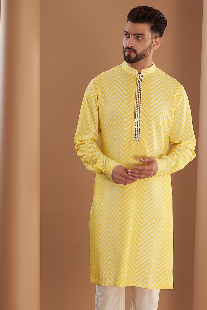 Lime Cotton Silk Embroidered Kurta by SEVENDC MEN