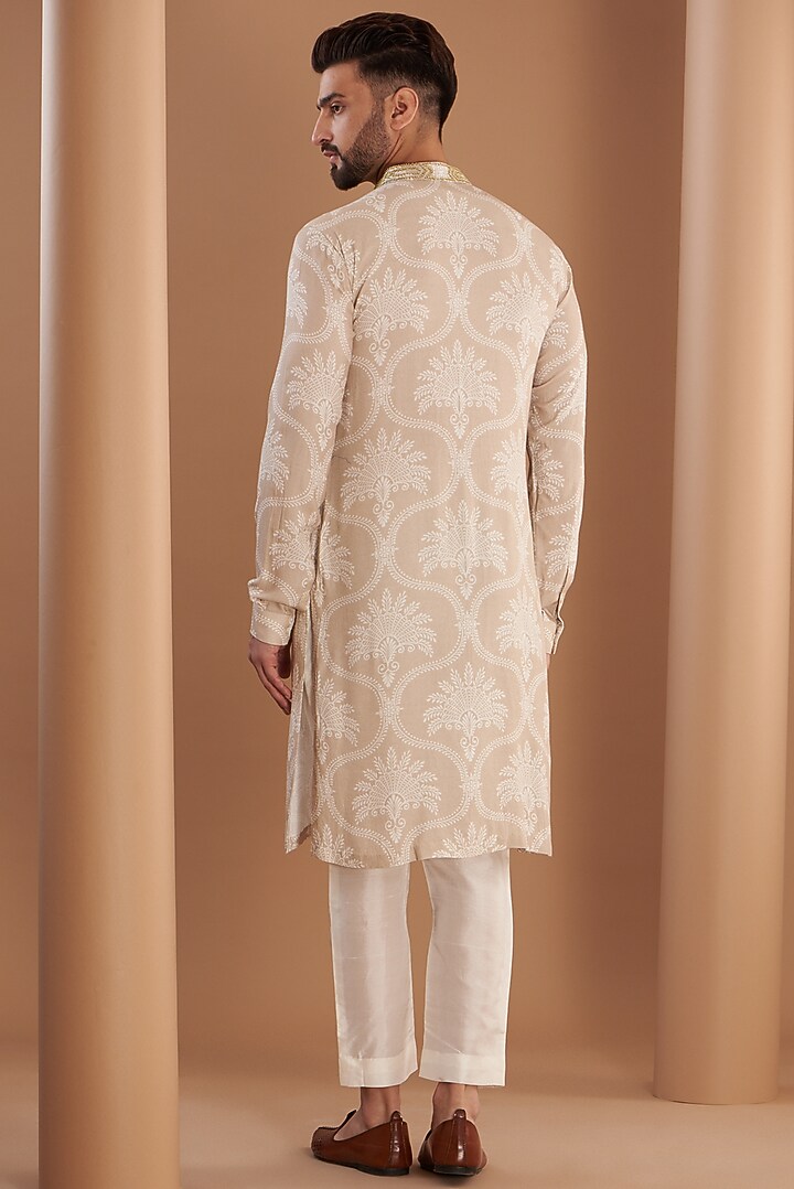 Beige Bemberg Satin Embroidered Kurta Set by SEVENDC MEN at Pernia's Pop Up Shop