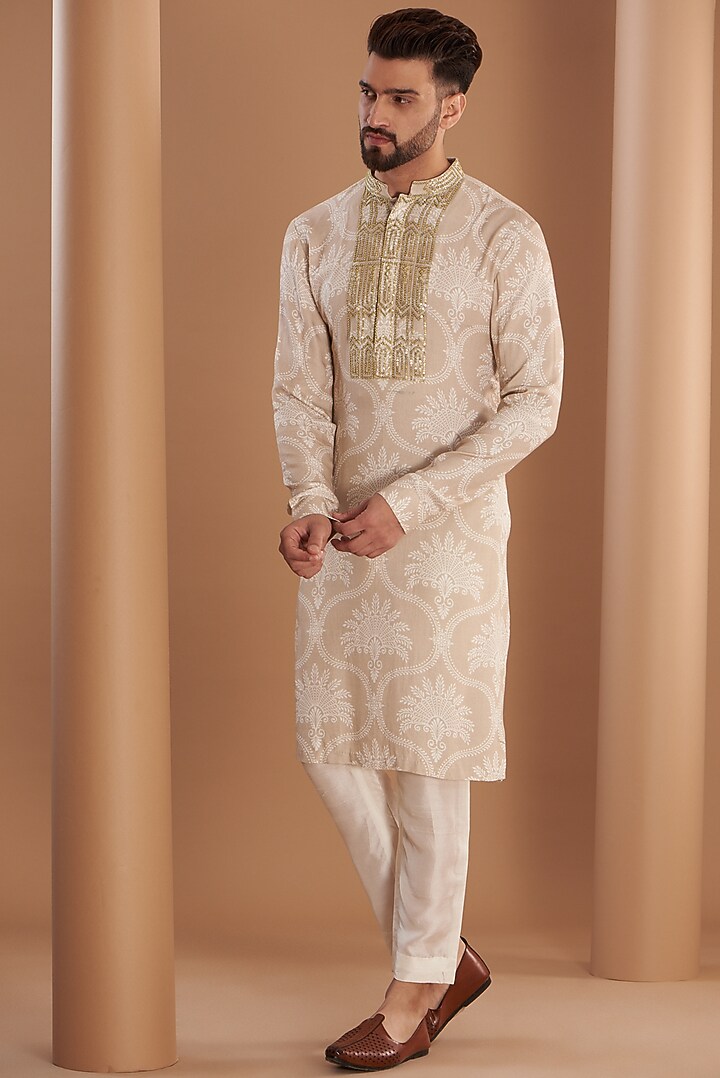 Beige Bemberg Satin Embroidered Kurta Set by SEVENDC MEN at Pernia's Pop Up Shop