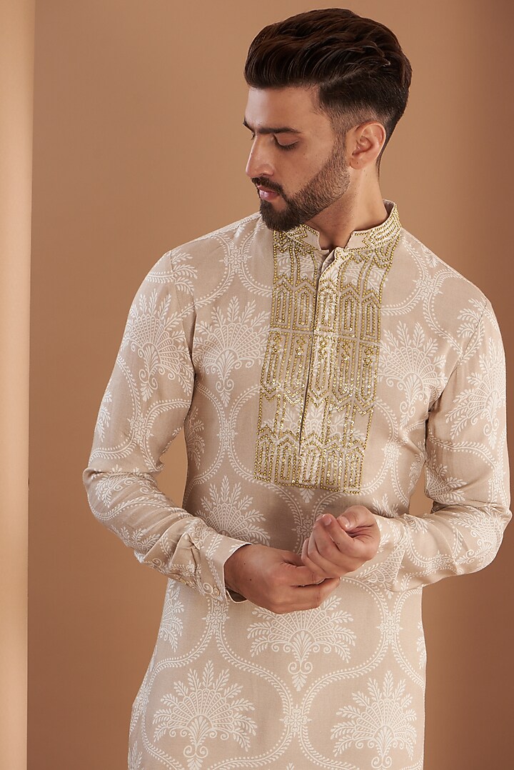 Beige Bemberg Satin Embroidered Kurta Set by SEVENDC MEN at Pernia's Pop Up Shop