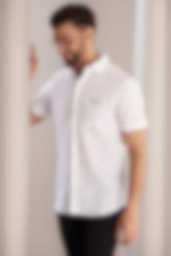 White Cotton Linen Block Crest Shirt by SEVENDC MEN