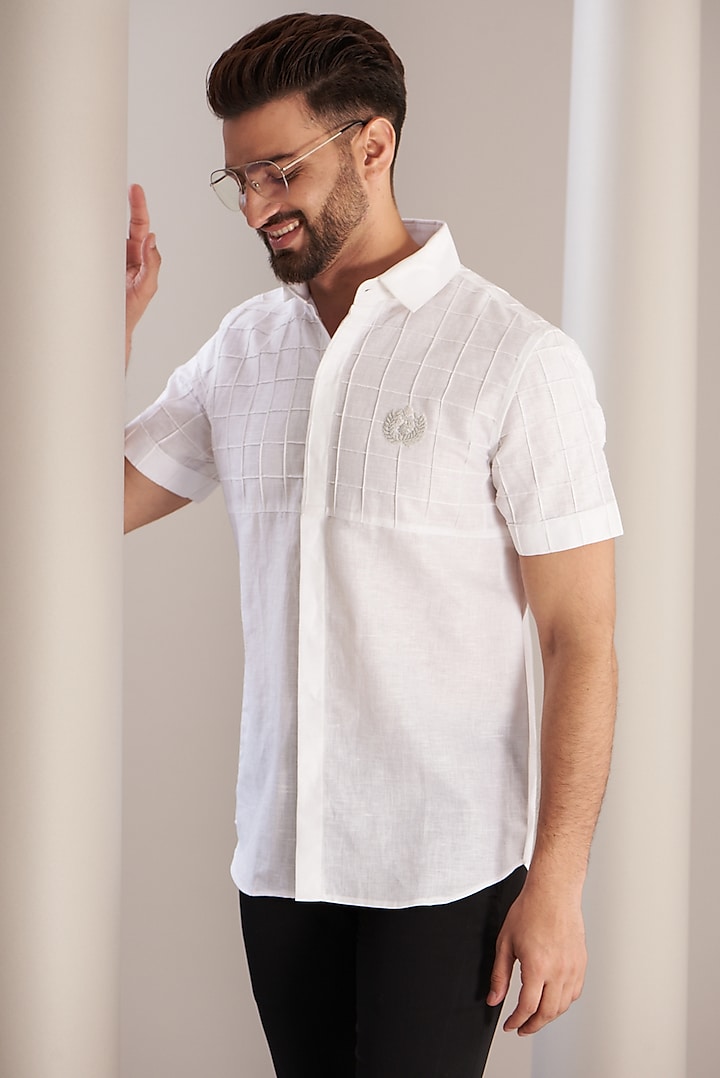 White Cotton Linen Block Crest Shirt by SEVENDC MEN
