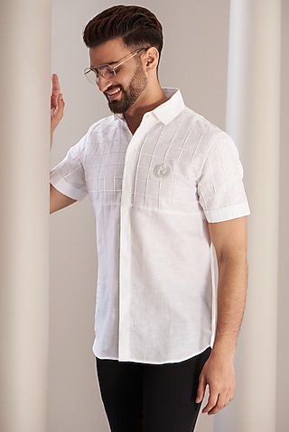 White Cotton Linen Block Crest Shirt by SEVENDC MEN