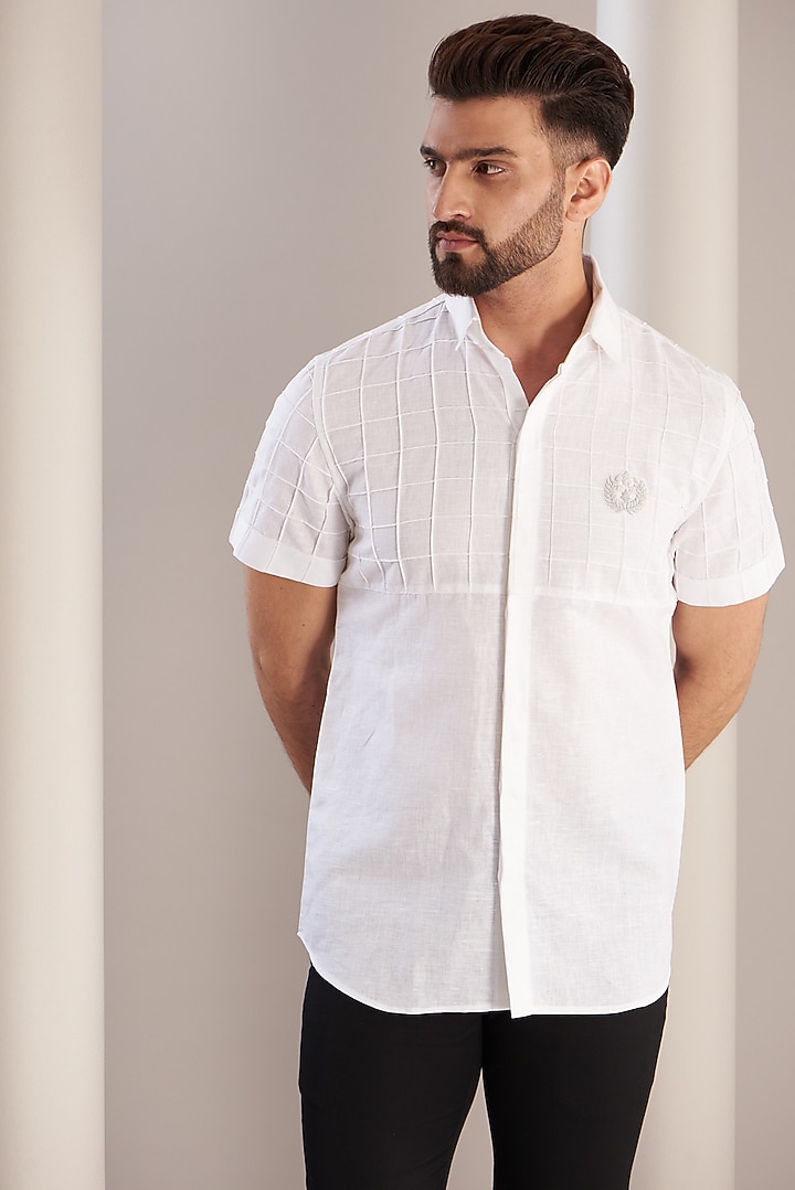 White Cotton Linen Block Crest Party Wear Shirt by SEVENDC MEN at Pernia's Pop Up Shop