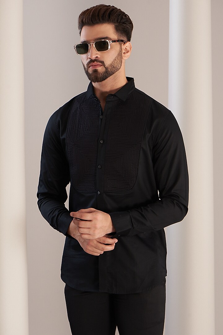 Black Cotton Pintuck Party Wear Shirt by SEVENDC MEN at Pernia's Pop Up Shop