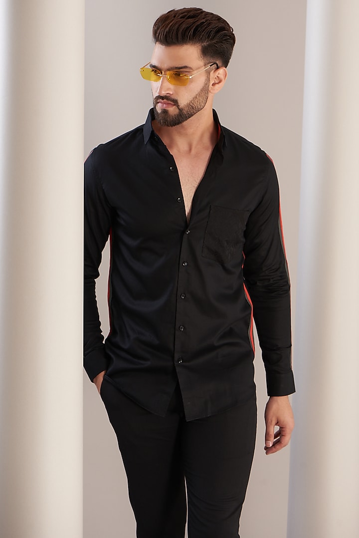 Black Cotton Textured Shirt by SEVENDC MEN