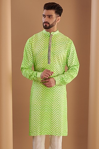 Green Cotton Silk Shibori Kurta by SEVENDC MEN