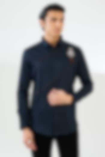 Navy Blue Cotton Satin Party Wear Shirt by SEVENDC MEN at Pernia's Pop Up Shop