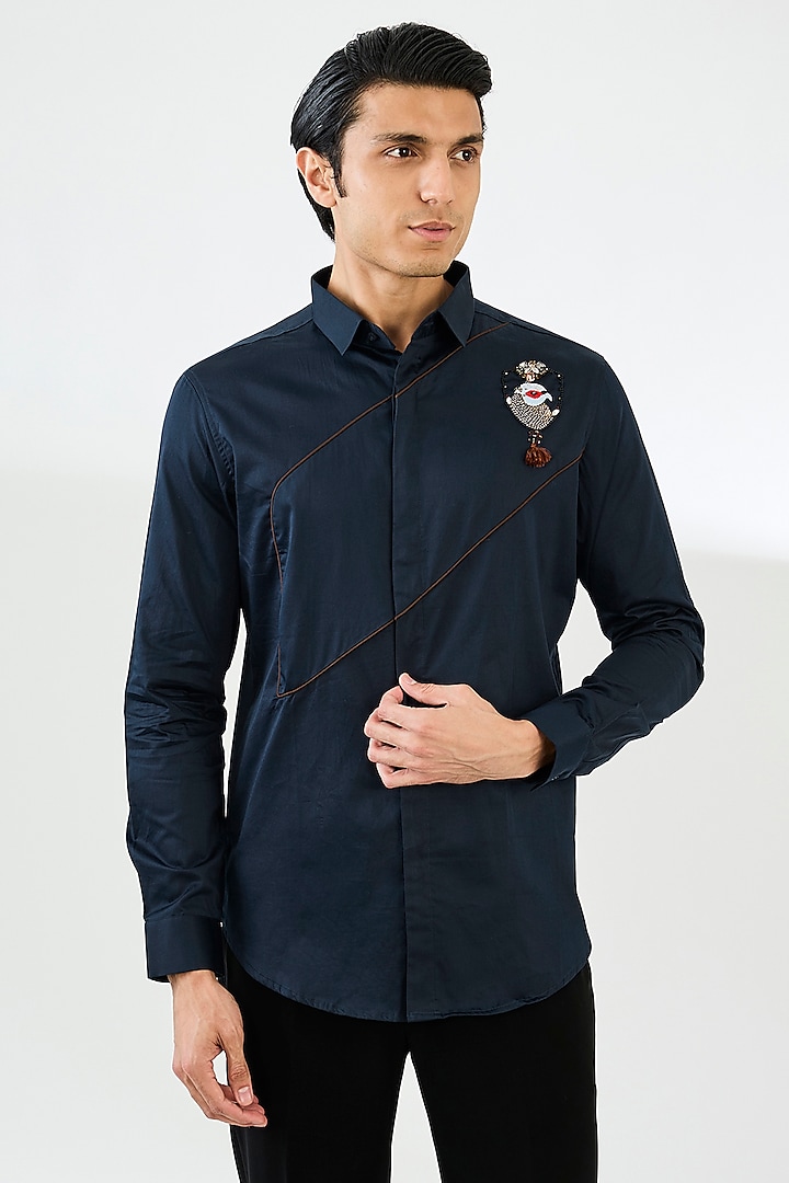 Navy Blue Cotton Satin Party Wear Shirt by SEVENDC MEN at Pernia's Pop Up Shop