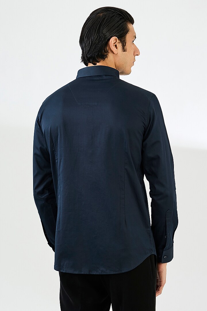 Navy Blue Cotton Satin Party Wear Shirt by SEVENDC MEN at Pernia's Pop Up Shop