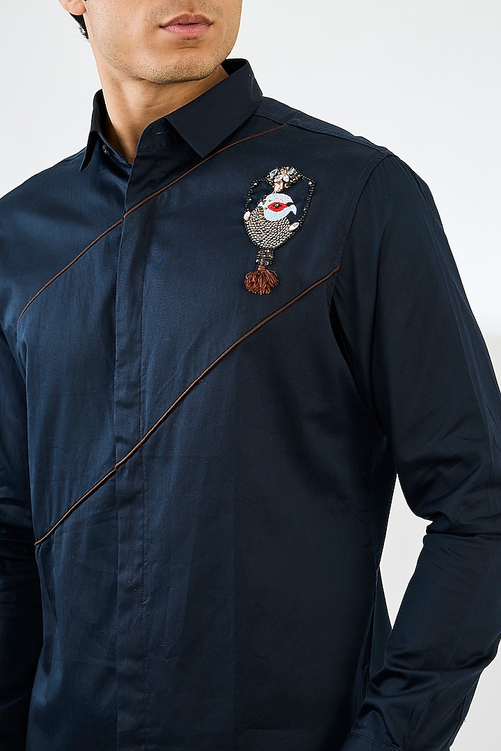 Navy Blue Cotton Satin Party Wear Shirt by SEVENDC MEN at Pernia's Pop Up Shop