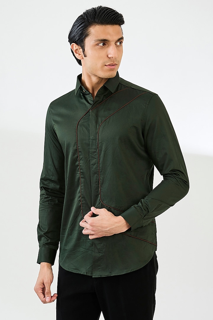 Dark Green Cotton satin Shirt by SEVENDC MEN