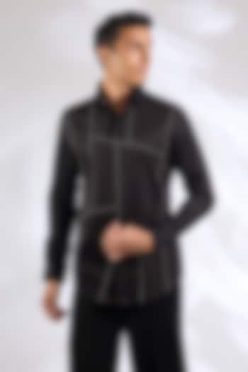 Black Cotton Embroidered Shirt by SEVENDC MEN