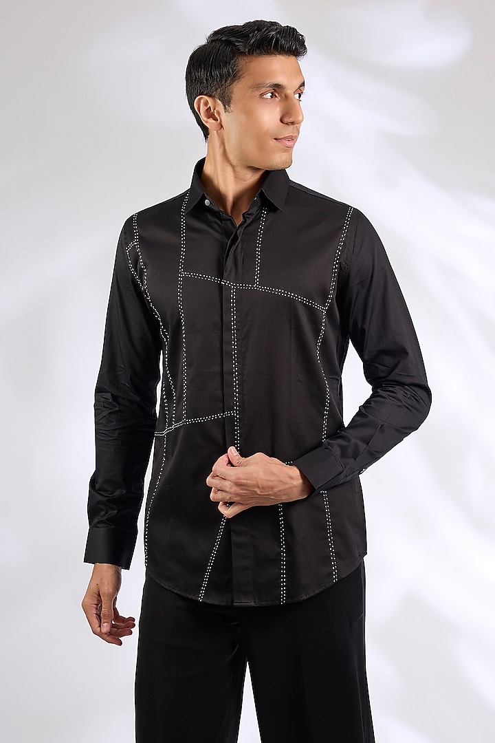 Black Cotton Embroidered Shirt by SEVENDC MEN