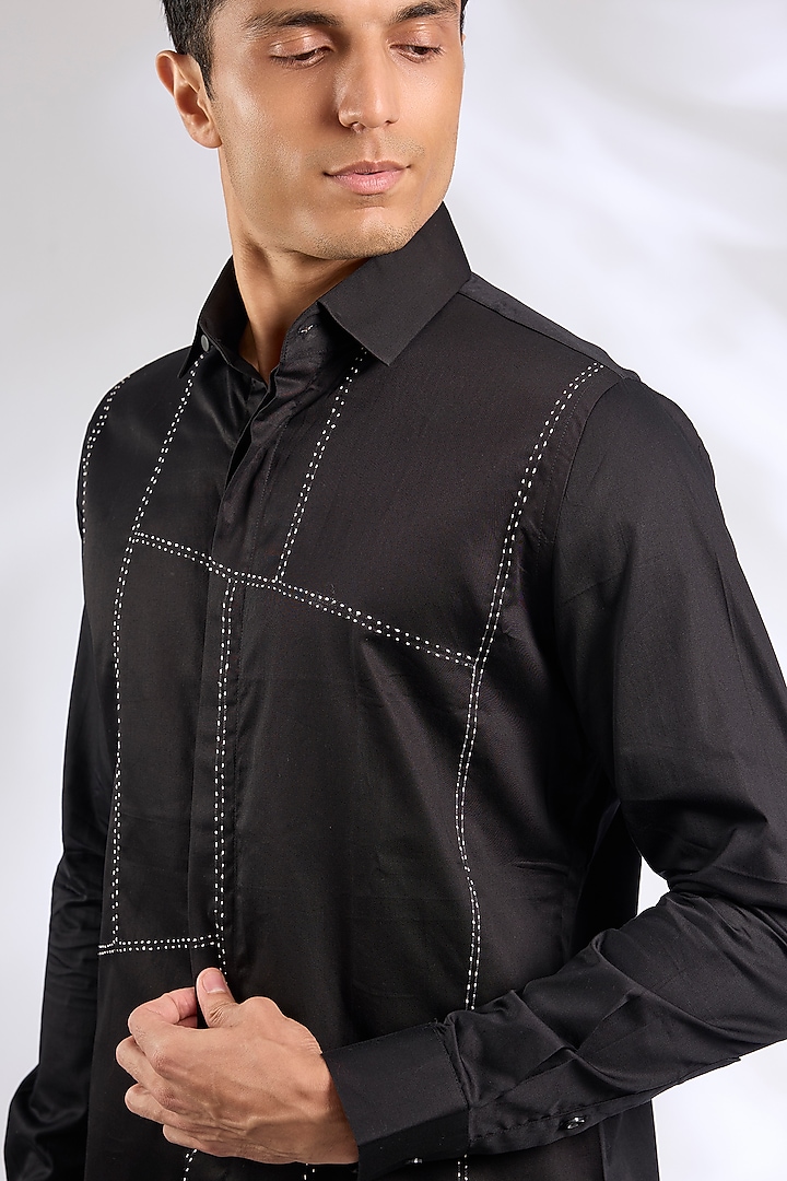 Black Cotton Embroidered Party Wear Shirt by SEVENDC MEN at Pernia's Pop Up Shop